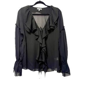 Metro 7 Women's Black Long Sleeve Sheer Black Roman Chiffon Ruffle Blouse Top S